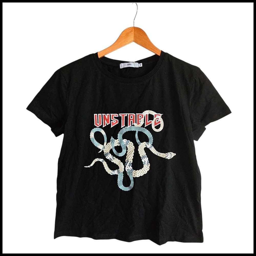 Adika Snake Graphic Tee Sequin Embellished Short Sleeve Black Top M